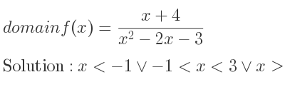 The domain of f(x)=(x+4)/(x^2-2x-3) is x<-1\lor-1<x<3\lor x>3
